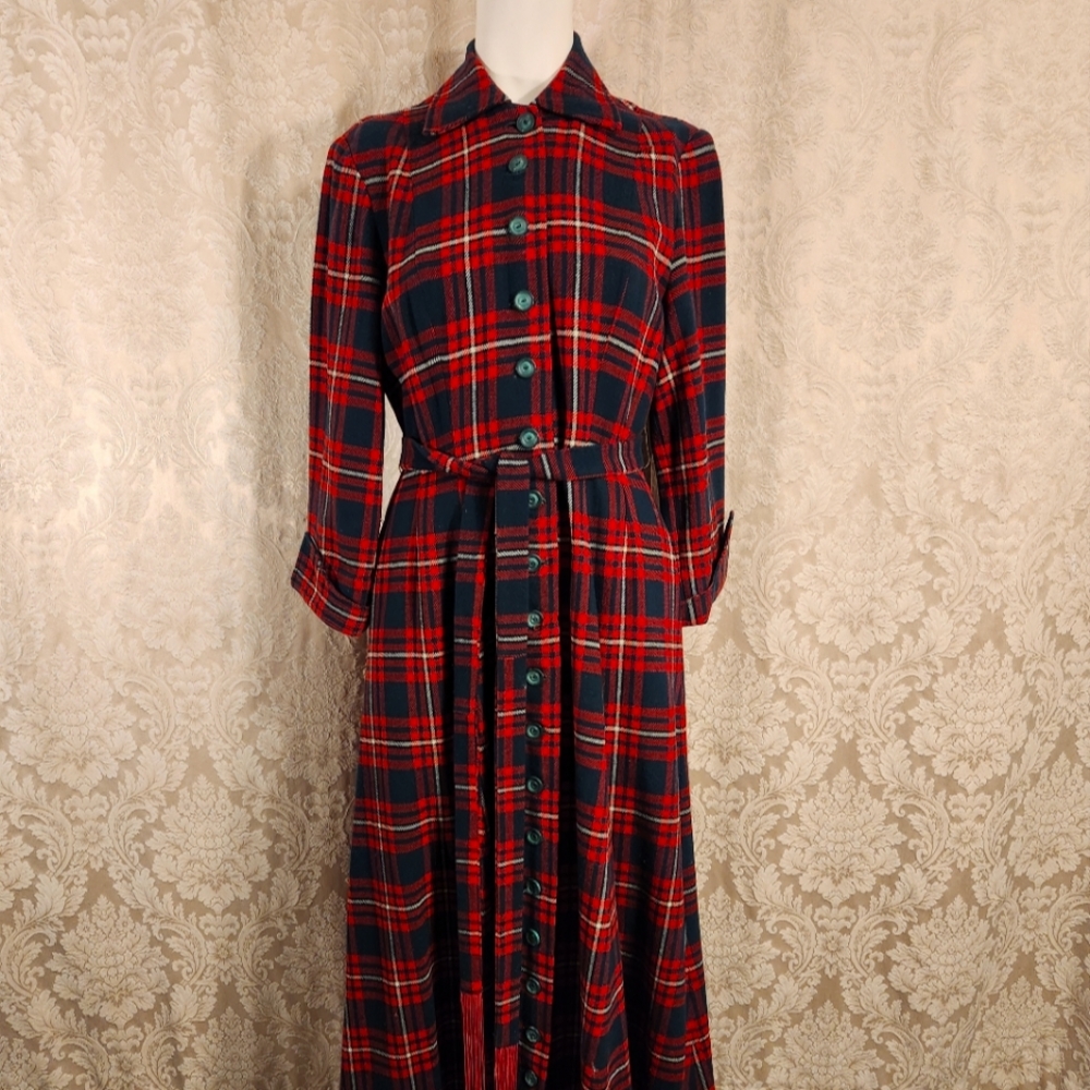 Vintage Red Tartan Plaid Maxi Dress Robe Coat Gown 1940s
